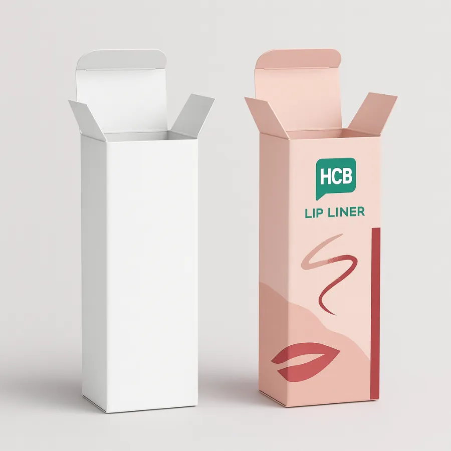 Two tall vertical cardboard boxes- one plain white and one peach with lip liner branding-